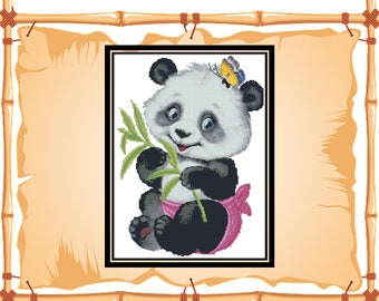 Panda cross stitch,Panda baby embroidery,Panda with bamboo pattern,embroidery chart,Panda chart,animal embroidery,download instantly