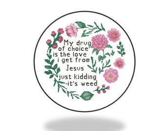 Funny cross stitch pattern with flower wreath, counted cross stitch, embroidery pdf,flowers pattern, joke, instant download PDF
