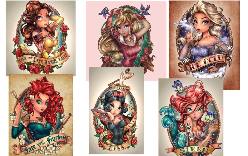 Set Disney Princess Tattoo Cross Stitch Ariel Belle Merida Elsa Aurorasnow White Pdf Counting Cross Stitch Instant Downloadpdf - 