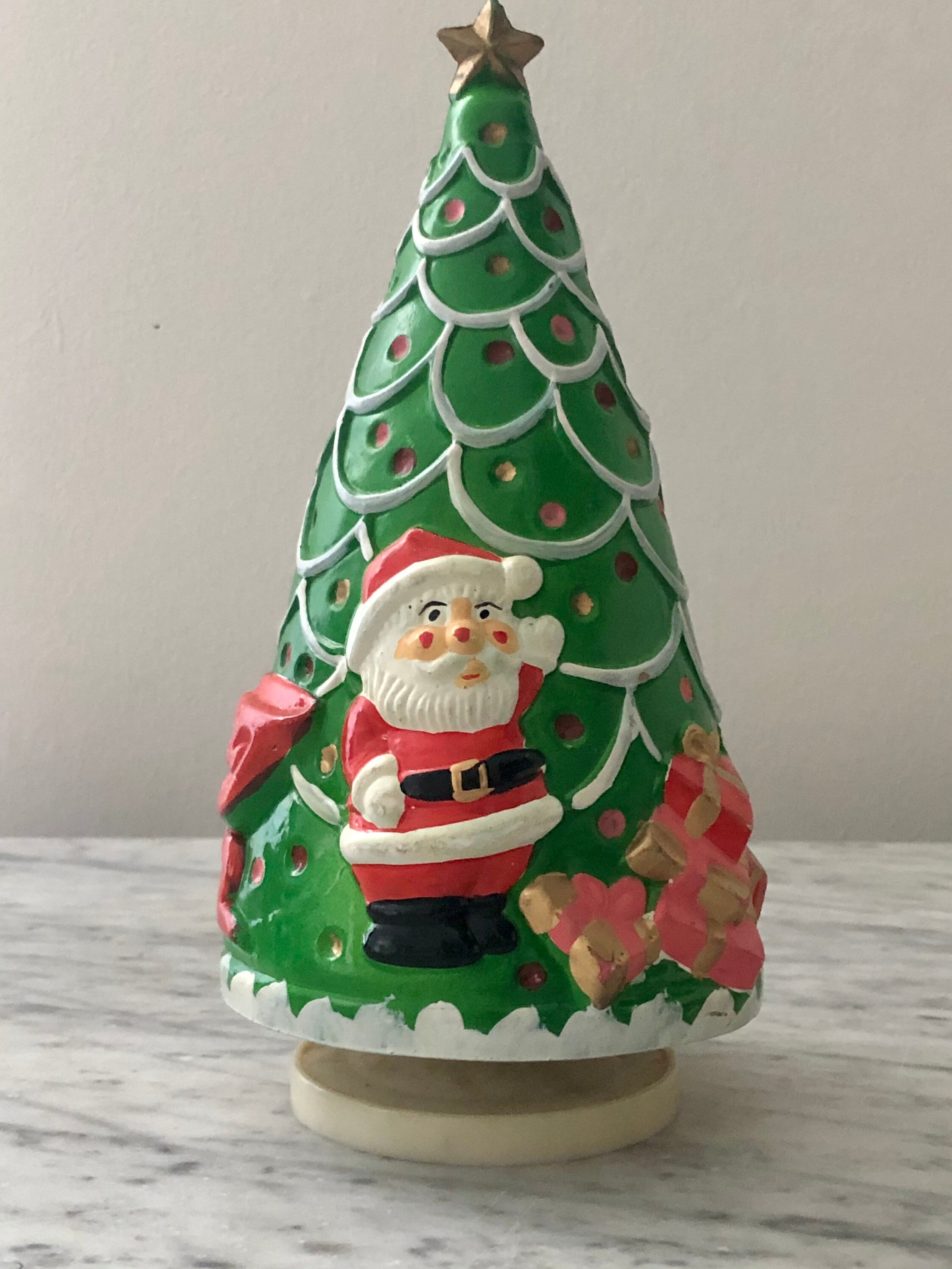 Christmas engraved music box with a christmas tree on top playing oh christmas tree * see this Music Box Christmas Tree // Vintage Musical Holiday Decor | Etsy