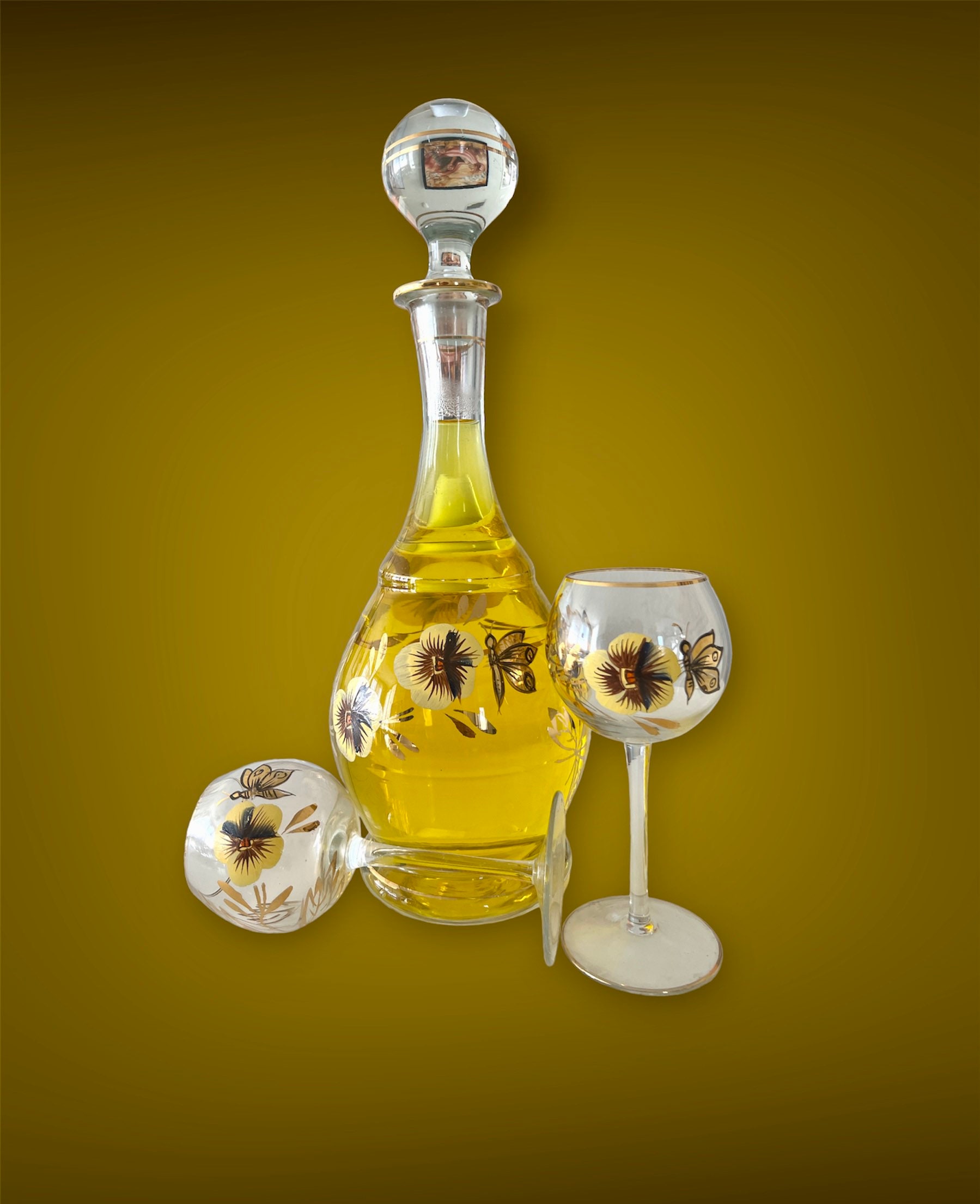 Vintage MCM Golden Butterflies and Pansies Hand Painted Clear Wine Decanter Made in Romania