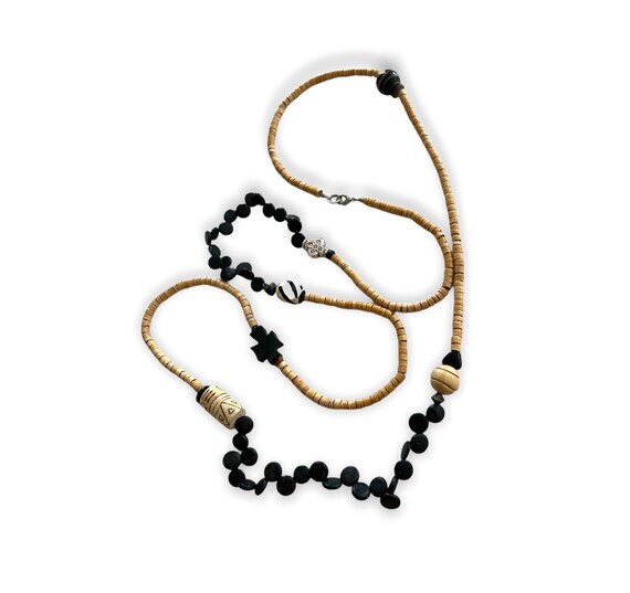 Vintage beaded necklace wood bamboo - image 2