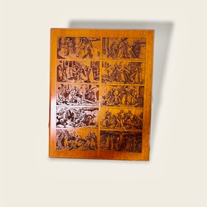 Vintage edged wood plaque of Jesus Way of the Cross. Large detailed. Christian Jesus Plaque bass relief.