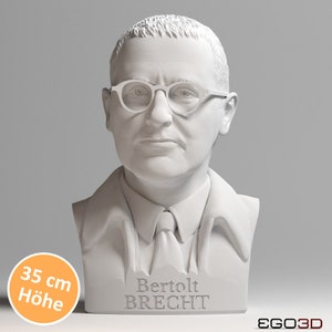May include: White bust sculpture of Bertolt Brecht, a German playwright and poet, wearing glasses and a suit. The bust is 35 cm tall and has the name "Bertolt Brecht" inscribed on the base.