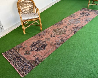 Extra Long Vintage Oushak Faded Color Runner Rug, Turkish Worn Runner, Extra Long Hallway Runner Rug.2’10”x12’11”.FREE SHIPPING!Large Runner