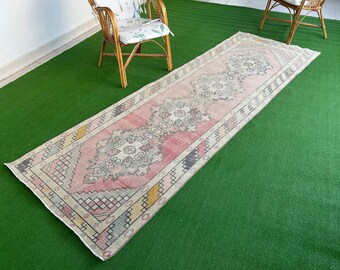 Vintage Oushak Turkish Runner Rug, Handmade Runner Rug, 3x10 Runner Rug, Runner For Kitchen Rug, 3’4”x10’2”