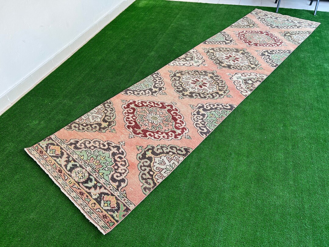 Turkish Runner Rug Orange Green Rug Vintage Oushak Rug Etsy