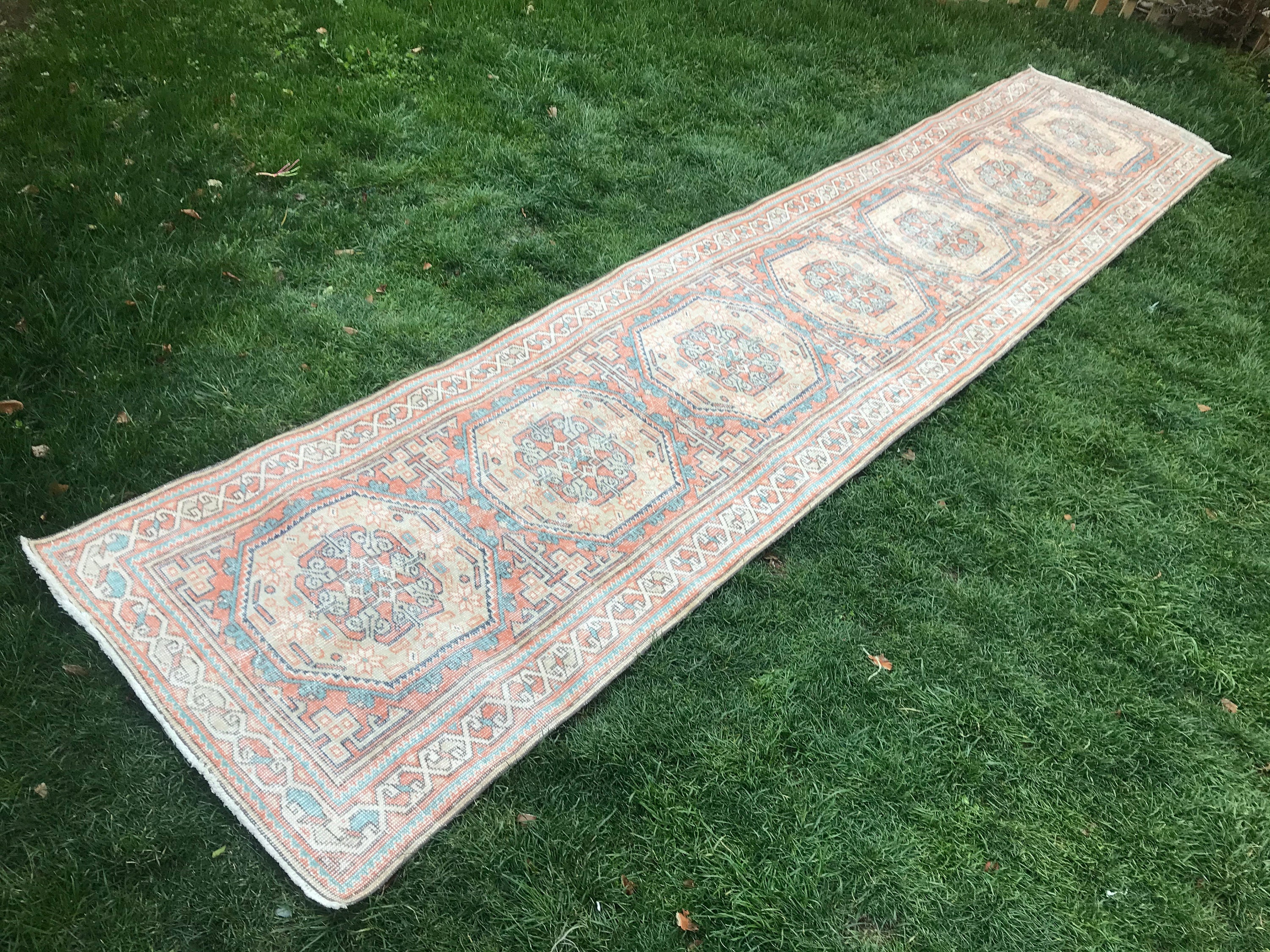 Vintage Runner Rug Extra Long Turkish Rug Orange Blue Runner Etsy