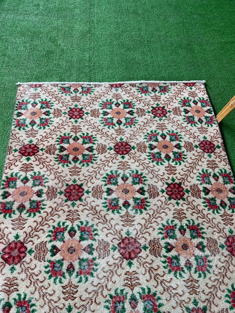 Farmhouse Hallway Decor Rug, İvory Green Brown Turkish Rug, Rug For Living Rug, Entry Rug, Deistresed Rug.39x611. image 9