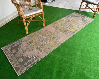 Alfombra turca vintage Oushak Runner, alfombra verde rosa gris.2'6"x8'6".Alfombra de área, alfombra 2x8.Runner.