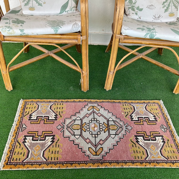 Bahtroom Rug, Small Turkish Rug, Brown Pink Grey Rug.1’9”x3’2”.