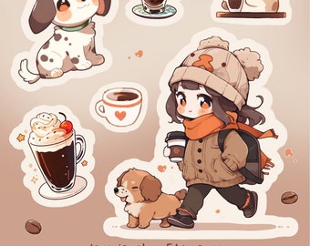 Dog cafe puppy coffee sticker sheet  -  vinyl waterproof laptop decal anime manga girl cute kawaii