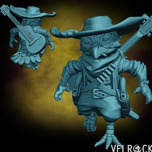 May include: A blue 3D printed miniature of a bird-like creature wearing a cowboy hat, holding a guitar and a pair of pistols. The creature has a beak, feathers, and clawed feet.