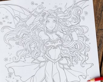 Grayscale and black and white Coloring Page - flower fairy princess illustration fantasy fairy anime art Instant Download Printable File PDF