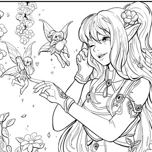 elf and fairies printable PDF coloring page - cute fantasy anime manga moon adult coloring page