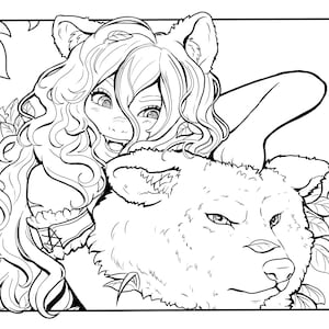 Wolf girl printable PDF coloring page - mermay fantasy anime manga moon adult coloring page