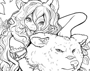 Wolf girl printable PDF coloring page - mermay fantasy anime manga moon adult coloring page