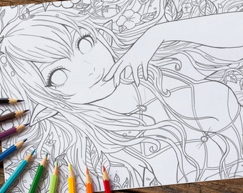 Grayscale and black and white Coloring Page - Flower Elf illustration fantasy fairy anime art Instant Download Printable File PDF