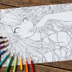 Grayscale and black and white Coloring Page - Flower Elf illustration fantasy fairy anime art Instant Download Printable File PDF