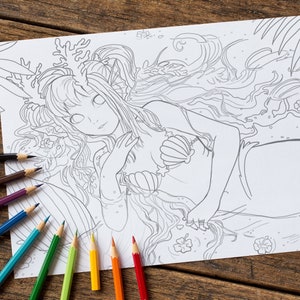 Coral mermaid Grayscale and black and white Coloring Page -  illustration fantasy fairy anime art Instant Download Printable File PDF