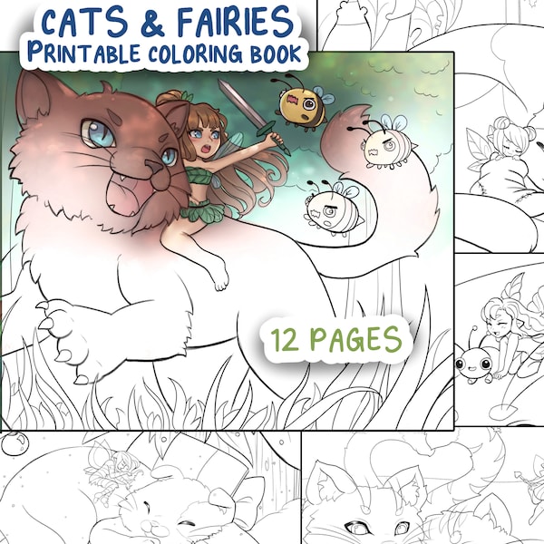 Cats & Fairies Printable PDF 12 page coloring book - cute kawaii  coloring pages for kids or adults - animals fairy anime
