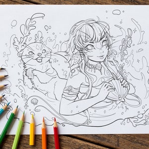 Otter mermaid printable PDF coloring page - alaska nature fantasy animal stars moon  anime
