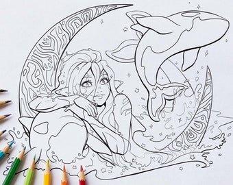 Orca mermaid printable PDF coloring page - alaska nature fantasy animal stars moon anime