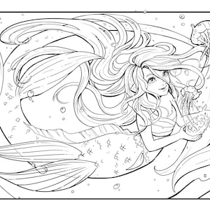 Jellyfish Mermaid printable PDF coloring page - mermay fantasy anime manga moon adult coloring page