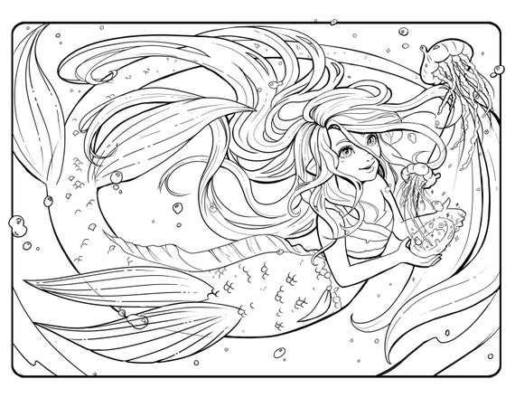 Jellyfish Mermaid printable PDF coloring page - mermay fantasy anime manga moon adult coloring page