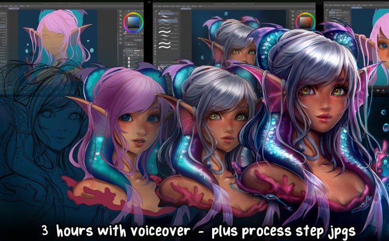 Digital Portrait painting Tutorial 3 hours voiceover video Clip studio paint digital art tutorial how to draw Fantasy Anime Mermaid image 2