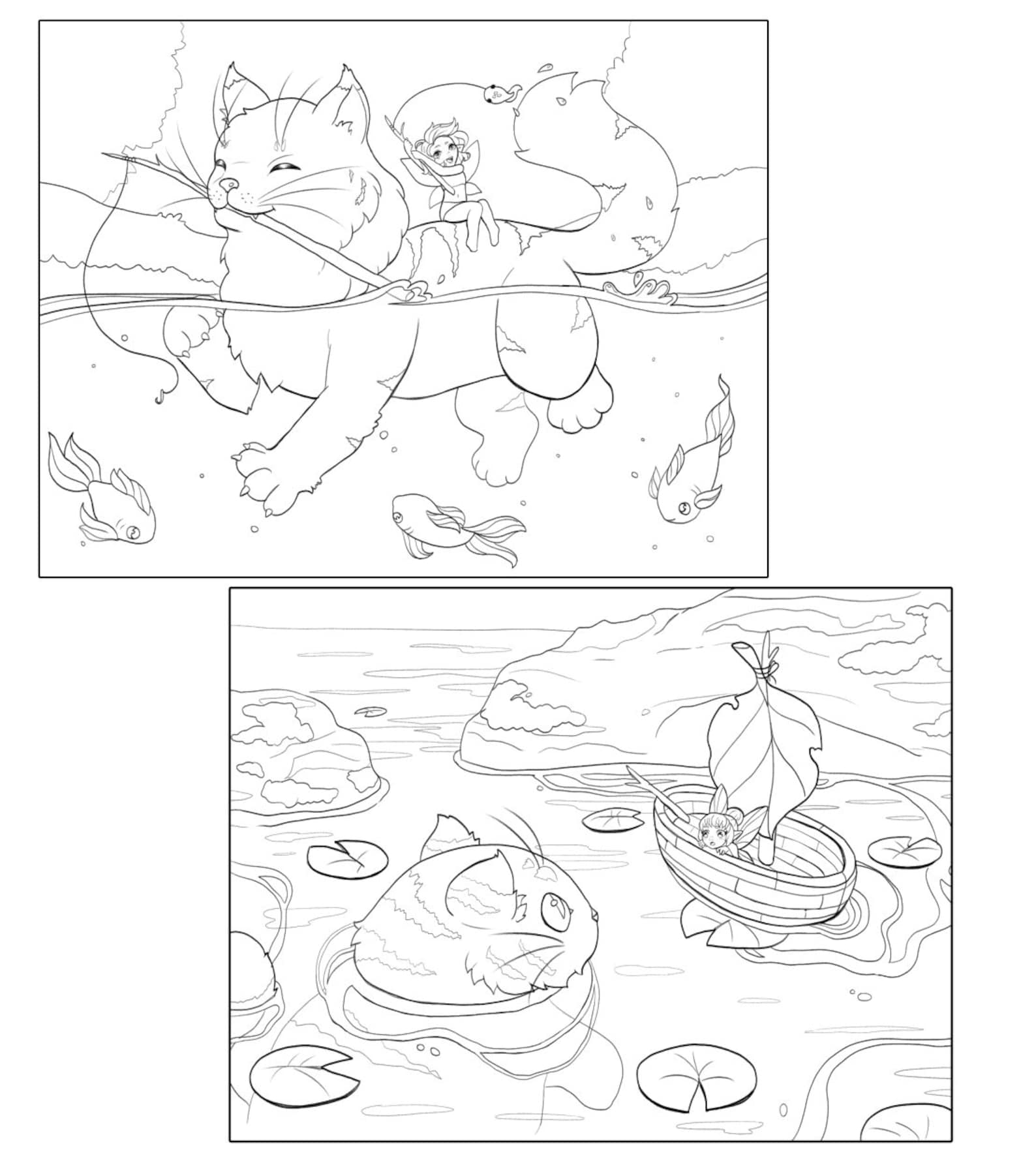 Cats & Fairies Printable PDF 12 page coloring book cute | Etsy