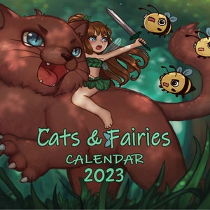 Cats and Fairies 2024 Calendar -  cute kawaii cat fairy fantasy manga digital art kids year art illustration calendar