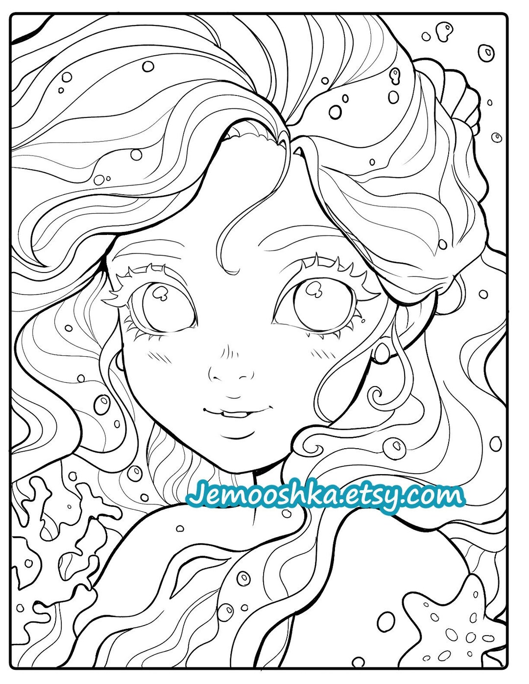 Mermaid Portrait Printable PDF Coloring Page - Mermay Fantasy Anime ...