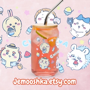 Chiikawa Summer 16 oz Glass with Lid & Straw - Usagi Hachiware Momonga Kani Shisa