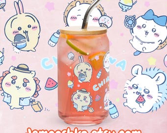 Vaso Chiikawa Summer de 16 oz con tapa y pajita - Usagi Hachiware Momonga Kani Shisa