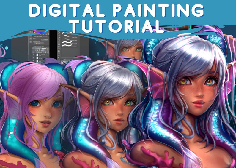 Zelfstudie portret schilderen - 3 uur voice-overvideo - Clipstudioverf - zelfstudie digitale kunst hoe je een fantasie-anime zeemeermin tekent afbeelding 1