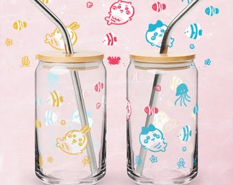 Chiikawa Mermaid 16 oz Glass with Lid & Straw - Usagi Hachiware