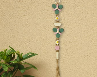 Pink, Green and Flower Macrame & Clay Handmade Wall Hanging, Wall Decor, Home Decor