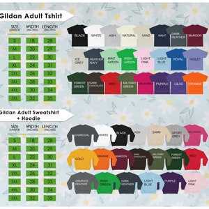May include: A product image showcasing Gildan adult t-shirts and sweatshirts with hoodies. The image displays a color chart with various options, including black, white, navy, and maroon. Size charts are also included, with measurements in inches.