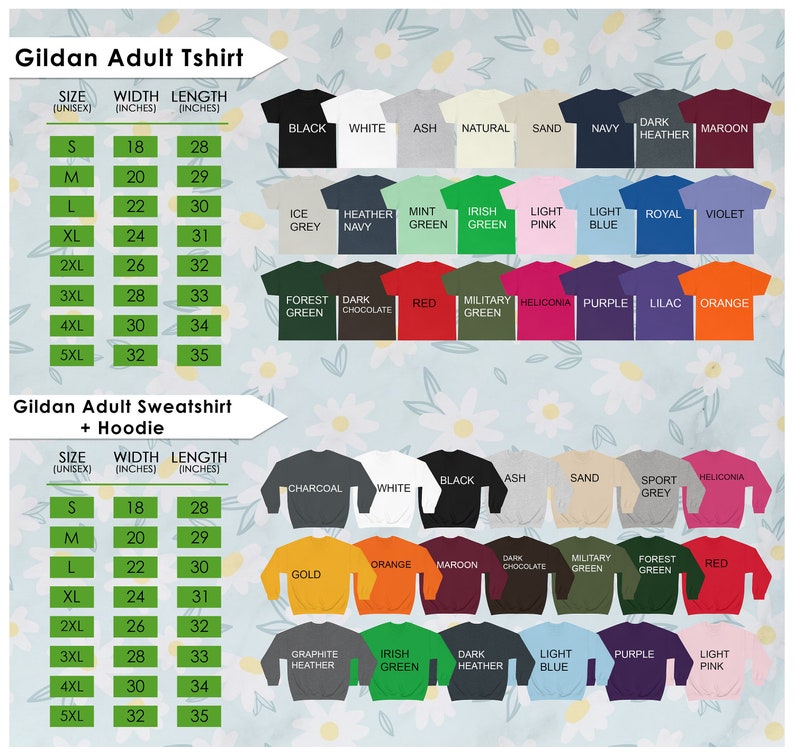 May include: A product image showcasing Gildan adult t-shirts and sweatshirts with hoodies. The image displays a color chart with various options, including black, white, navy, and maroon. Size charts are also included, with measurements in inches.