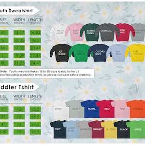 May include: A product image showcasing a variety of youth sweatshirts and toddler t-shirts in various colors. The image includes size charts with measurements in inches. Sweatshirt colors include Arctic White, Baby Pink, Bottle Green, and Jet Black. T-shirt colors include White, Silver, and Royal.