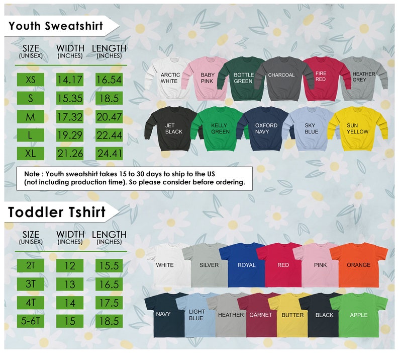 May include: A product image showcasing a variety of youth sweatshirts and toddler t-shirts in various colors. The image includes size charts with measurements in inches. Sweatshirt colors include Arctic White, Baby Pink, Bottle Green, and Jet Black. T-shirt colors include White, Silver, and Royal.