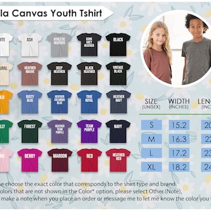 May include: A product image showcasing a variety of Bella Canvas youth t-shirts in various colors, including white, black, and navy. The image also displays a size chart with measurements in inches: S (15.2" width, 20.9" length), M (16.3" width, 22.1" length), L (17.2" width, 23.4" length), and XL (18.2" width, 24.4" length).