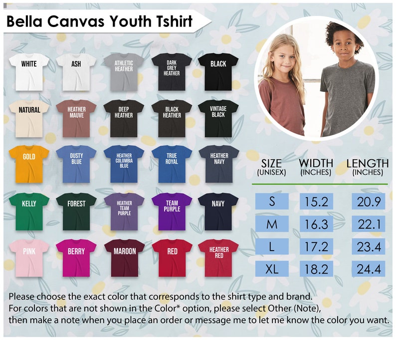 May include: A product image showcasing a variety of Bella Canvas youth t-shirts in various colors, including white, black, and navy. The image also displays a size chart with measurements in inches: S (15.2" width, 20.9" length), M (16.3" width, 22.1" length), L (17.2" width, 23.4" length), and XL (18.2" width, 24.4" length).