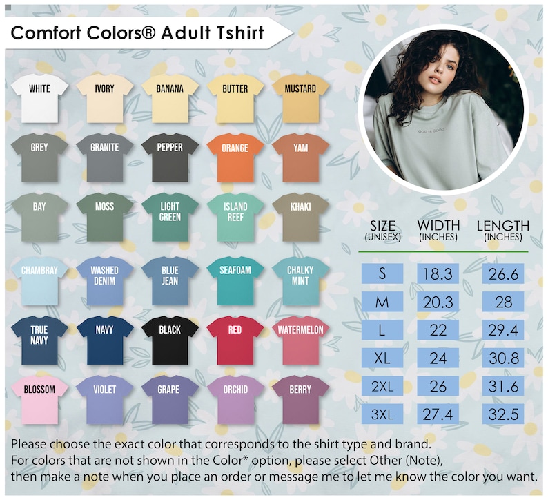 May include: A Comfort Colors adult t-shirt color chart with various hues, including white, grey, and blue. The image also shows a woman wearing a light green shirt. Size and measurement details are provided in inches, with widths ranging from 18.3 to 27.4 inches and lengths from 26.6 to 32.5 inches.