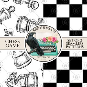 Chess Game Seamless Pattern, Chess Seamless Pattern Set, Checkered Chess Board Layout, Sketch Style Chess Pieces, Seamless Chess Design