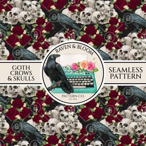 以下が含まれることがあります： 黒い背景に、頭蓋骨、カラス、赤いバラをあしらったシームレスパターン。デザインには、ターコイズ色のタイプライターに止まっているカラスの円形ロゴがあり、「Raven & Bloom」の文字が入っています。「Goth Crows & Skulls」と「Seamless Pattern」の文字も表示されています。