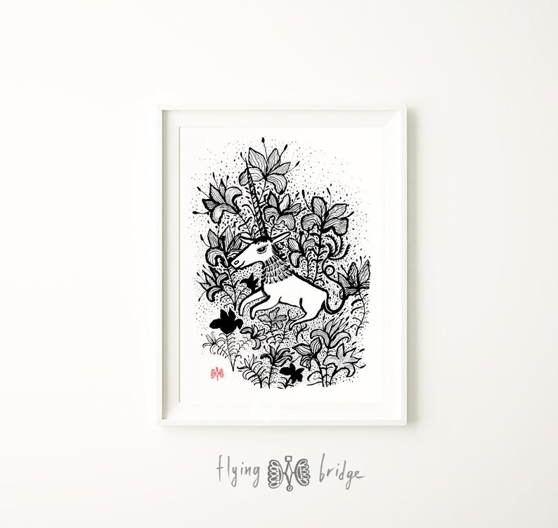 Black White Unicorn Bohemian Wall Print Flowers Art Printable Nersury Fairy Animals Minimalist Modern Girls Room Decor Girlly Poster
