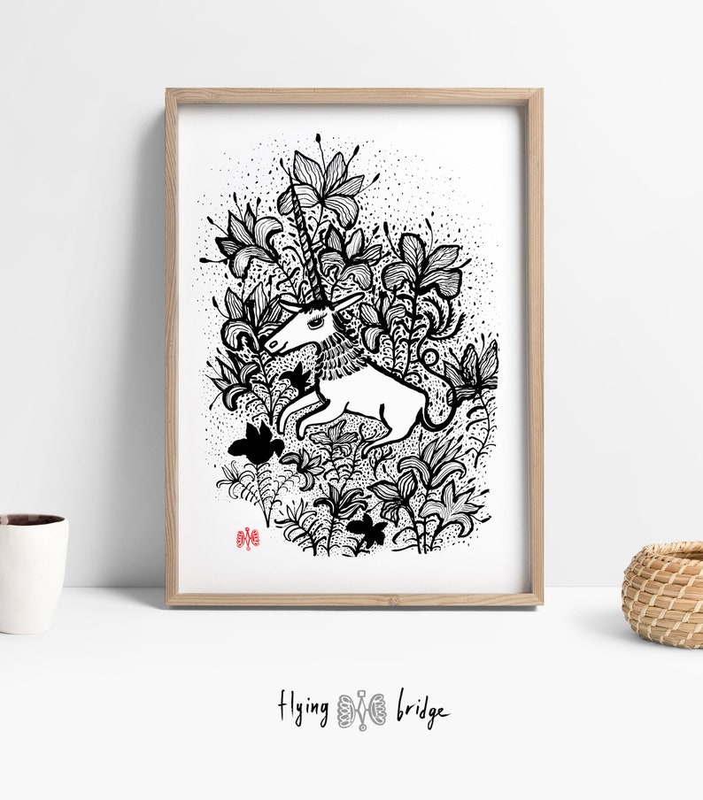 Black White Unicorn Bohemian Wall Print Flowers Art Printable Nersury Fairy Animals Minimalist Modern Girls Room Decor Girlly Poster