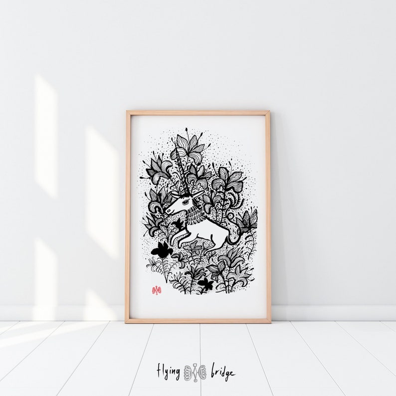 Black White Unicorn Bohemian Wall Print Flowers Art Printable Nersury Fairy Animals Minimalist Modern Girls Room Decor Girlly Poster